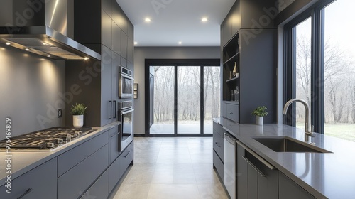 Modern grey kitchen with grey cabinetry, grey countertops, and stainless steel appliances.