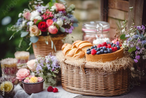 Summer garden harvest, farmers market and country buffet table, cakes and desserts in wicker basket in the garden, food catering for wedding and holiday celebration, floral decor idea