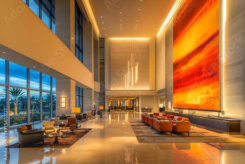 Open and refined contemporary hotel lobby with high ceilings and lighting.