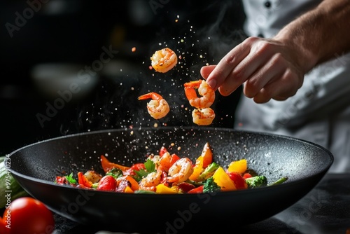 A chef expertly tosses shrimp and colorful vegetables in a black frying pan. Vibrant ingredients dance in the air while creating a delicious meal. Generative AI photo