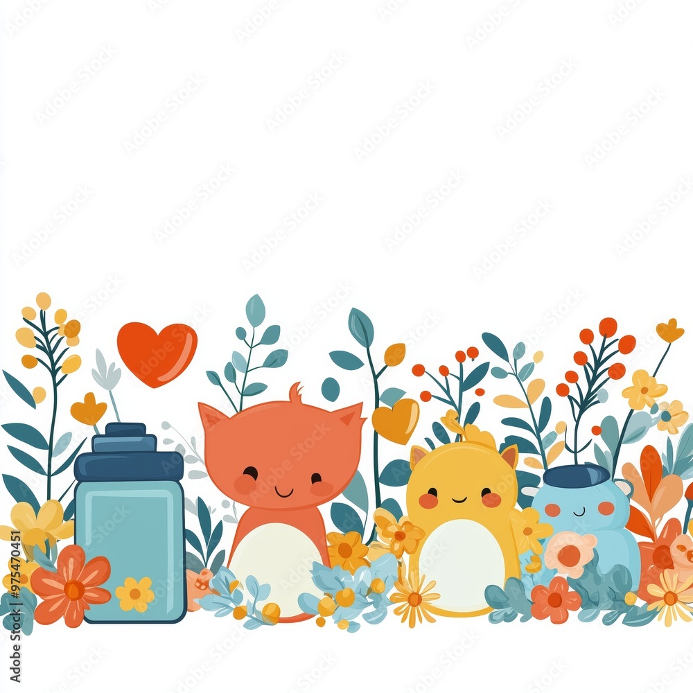 Naklejka premium Cute cartoon animals surrounded by colorful flowers and a heart.