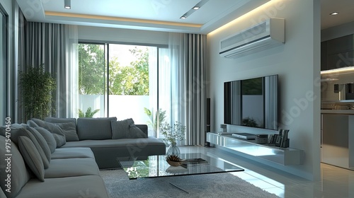 Wallpaper Mural Modern living room design with an air conditioner, glass table, and sleek gray furniture. Torontodigital.ca