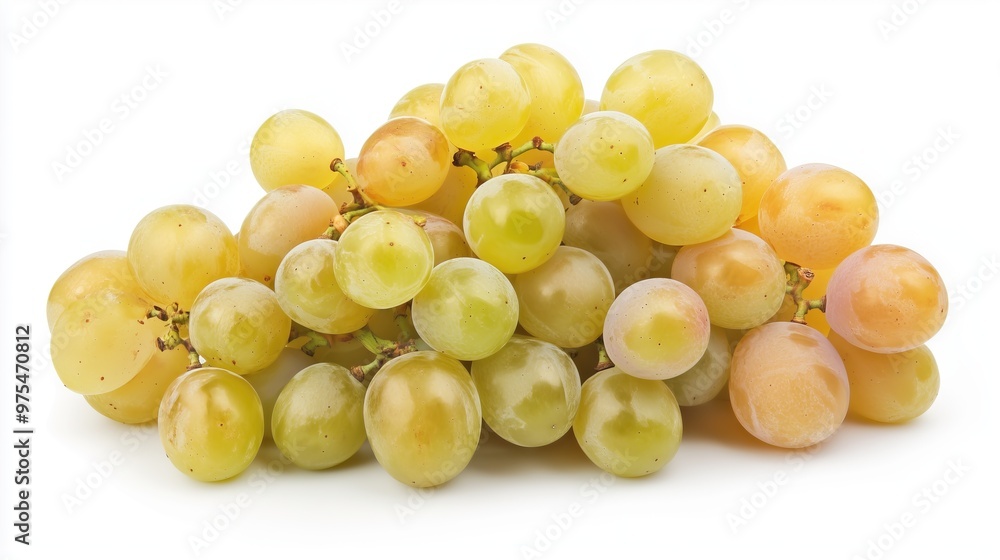 Bunch of ripe white grapes with leaves and vine on a white background Bunch of ripe white grapes with leaves and vine on a white background