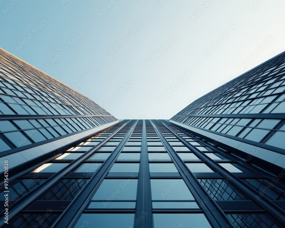 Fototapeta premium A stunning view of a modern skyscraper from below, showcasing its reflective glass facade against a clear sky.