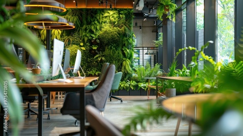 Biophilic workplace design promotes natureinspired elements for a productive office environment. Concept Biophilic Design, Nature-Inspired Office, Productive Environment, Workplace Wellness photo