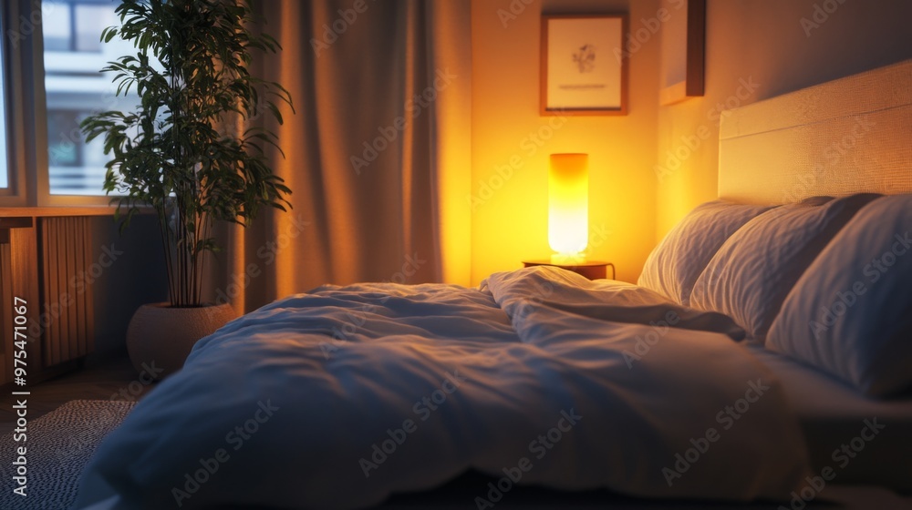 A modern bedside lamp illuminates a cozy bedroom with warm light A modern bedside lamp illuminates a cozy bedroom with warm light