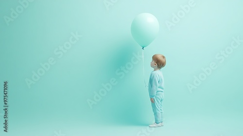 Serene Child with Balloon in Pastel Minimalist Composition on Pale Mint Background