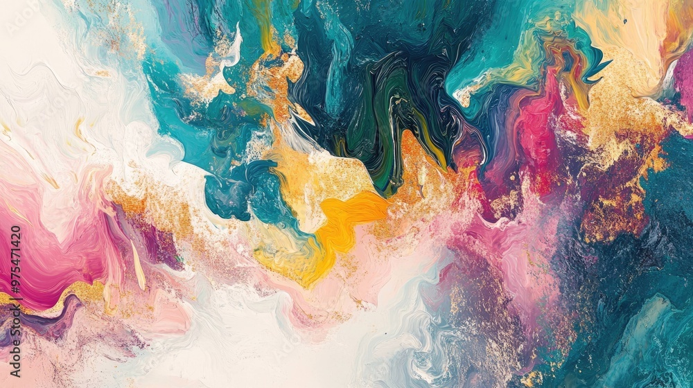 Abstract art with swirling colors of blue, green, pink, yellow, and gold. Abstract art with swirling colors of blue, green, pink, yellow, and gold.