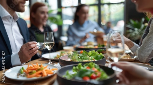 Coworkers having business lunch in restaurant, closeup