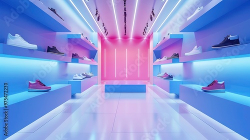 Fototapeta Naklejka Na Ścianę i Meble -  Design 3D shoe shop element for virtual fashion web or banner. Concept 3D Shoe Display, Virtual Shopping Experience, Stylish Banner Design, Trendy Footwear Showcase