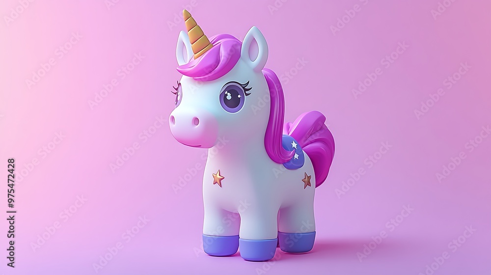 Playful Chibi Unicorn Toy with Sparkling Horn and Starry Saddle in Cartoon Style 3D Rendering on White Background Playful Chibi Unicorn Toy with Sparkling Horn and Starry Saddle in Cartoon Style 3D Rendering on White Background