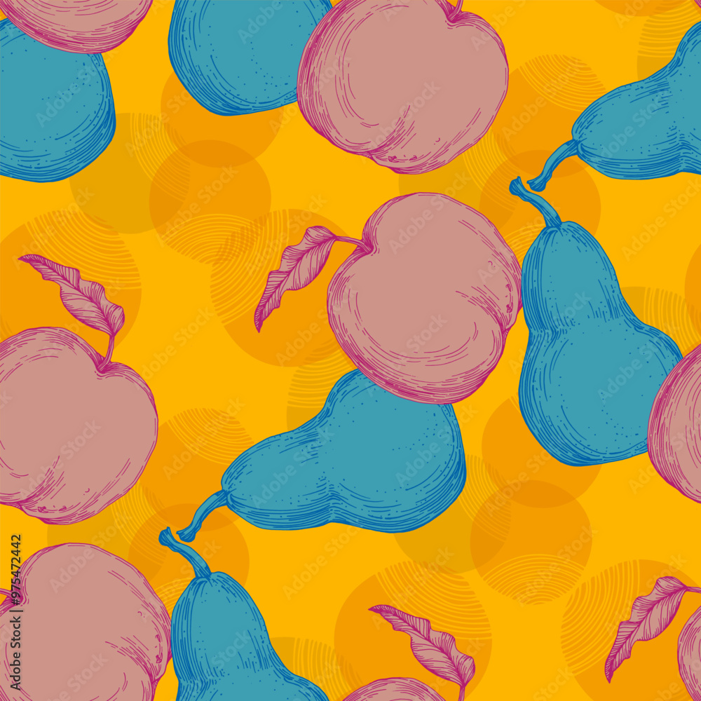 Seamless Pattern with pear and apple. Color sketch style hand drawn background. Detailed illustration, hand drawn. Great for fabric and textile, prints, invitation, packaging. Seamless Pattern with pear and apple. Color sketch style hand drawn background. Detailed illustration, hand drawn. Great for fabric and textile, prints, invitation, packaging.
