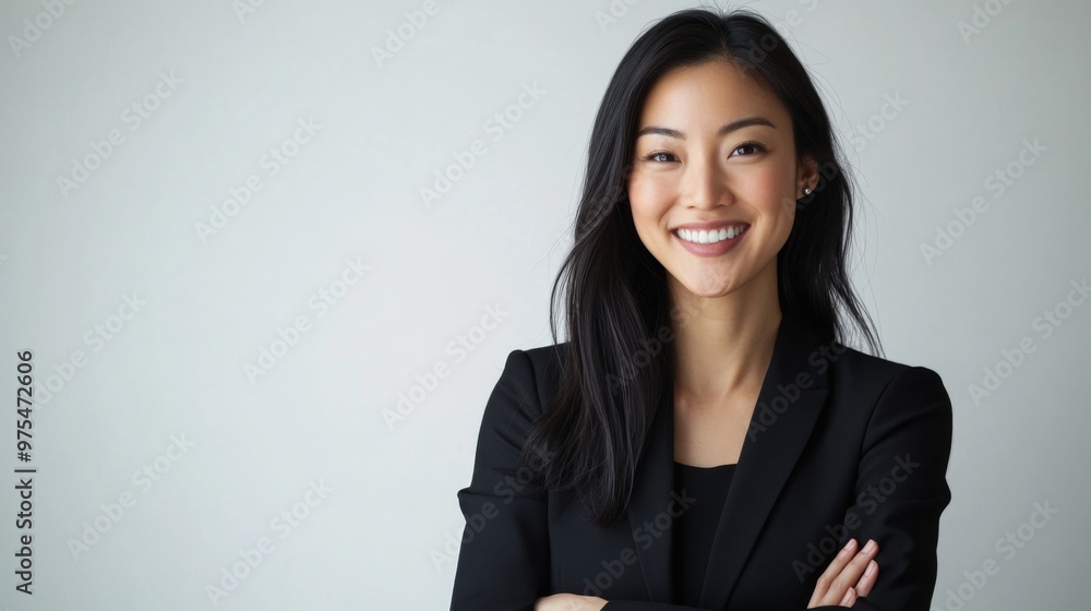 A Smiling Asian woman in black business attire radiates professionalism and approachability, with her well lit face showcasing expressions of confidence and poise on white background A Smiling Asian woman in black business attire radiates professionalism and approachability, with her well lit face showcasing expressions of confidence and poise on white background