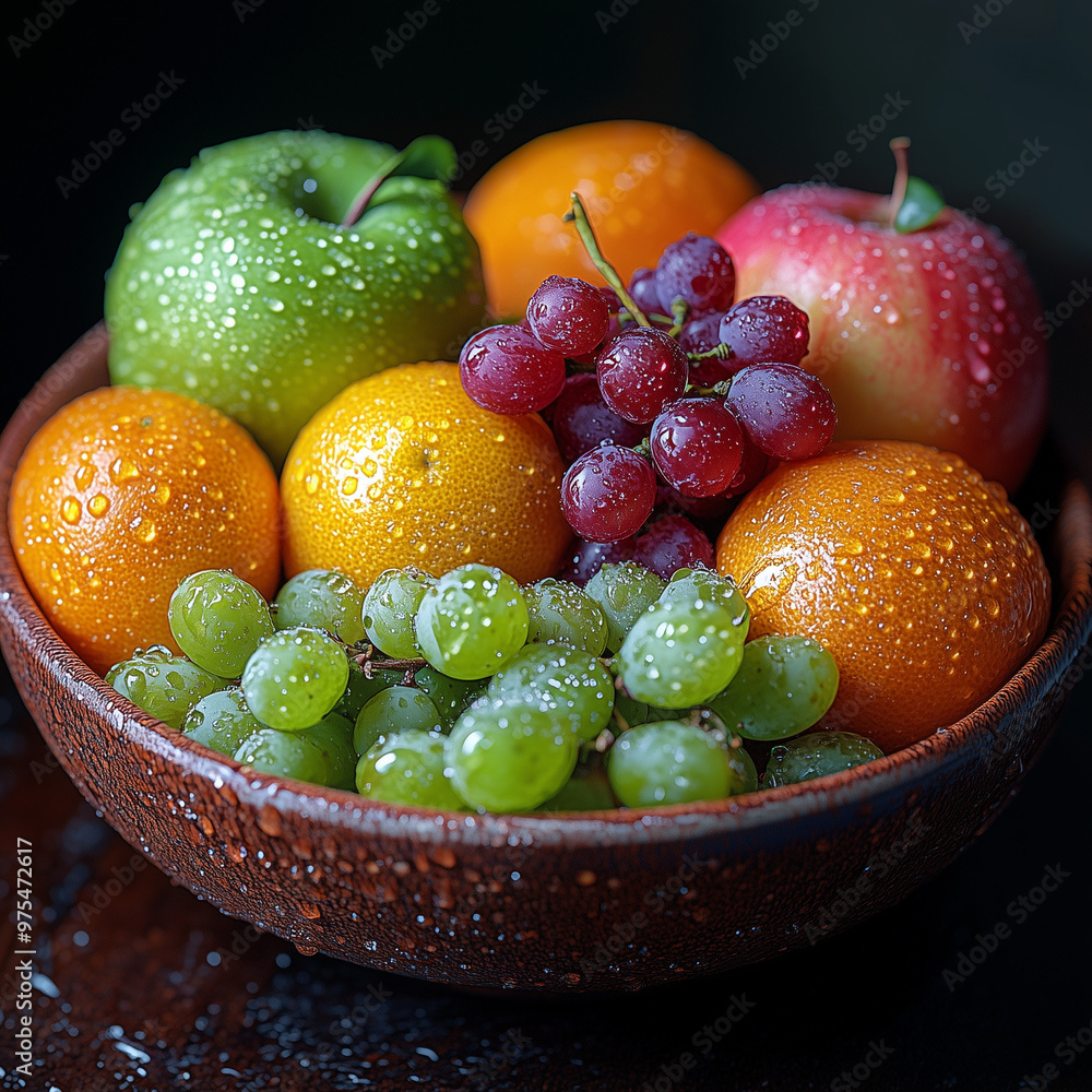 Bowl of fresh fruits with water droplets on dark background Bowl of fresh fruits with water droplets on dark background