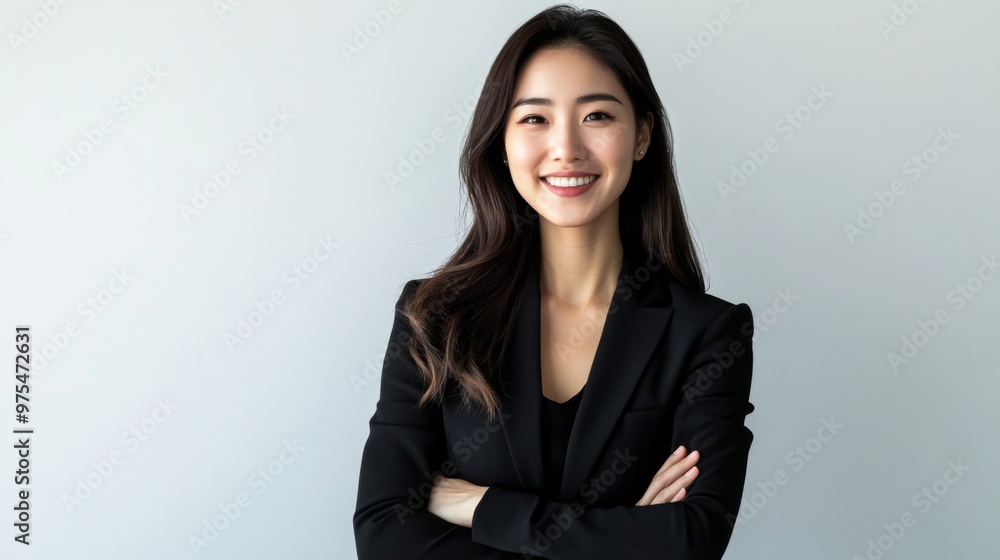 A Smiling Asian woman in black business attire radiates professionalism and approachability, with her well lit face showcasing expressions of confidence and poise on white background A Smiling Asian woman in black business attire radiates professionalism and approachability, with her well lit face showcasing expressions of confidence and poise on white background