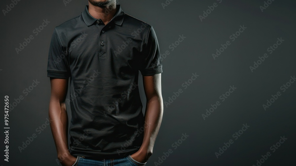 Displaying a Realistic Mockup of a Black Male Polo Shirt. Concept Clothing Mockup, Black Male Model, Polo Shirt, Realistic Design, Fashion Display Displaying a Realistic Mockup of a Black Male Polo Shirt. Concept Clothing Mockup, Black Male Model, Polo Shirt, Realistic Design, Fashion Display