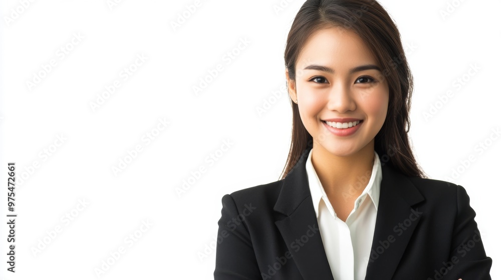 A Smiling Asian woman in black business attire radiates professionalism and approachability, with her well lit face showcasing expressions of confidence and poise on white background A Smiling Asian woman in black business attire radiates professionalism and approachability, with her well lit face showcasing expressions of confidence and poise on white background