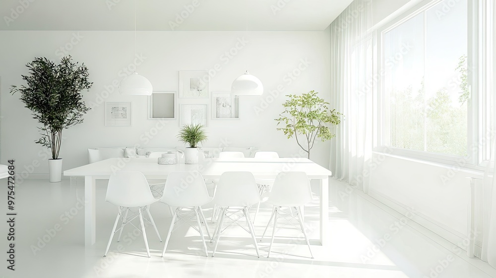 Fototapeta premium Modern white dining area with white chairs, a large white table, and minimalistic decor.