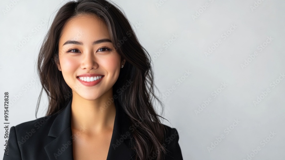 A Smiling Asian woman in black business attire radiates professionalism and approachability, with her well lit face showcasing expressions of confidence and poise on white background A Smiling Asian woman in black business attire radiates professionalism and approachability, with her well lit face showcasing expressions of confidence and poise on white background