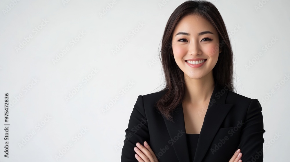 A Smiling Asian woman in black business attire radiates professionalism and approachability, with her well lit face showcasing expressions of confidence and poise on white background A Smiling Asian woman in black business attire radiates professionalism and approachability, with her well lit face showcasing expressions of confidence and poise on white background
