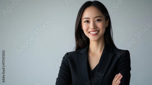 A Smiling Asian woman in black business attire radiates professionalism and approachability, with her well lit face showcasing expressions of confidence and poise on white background