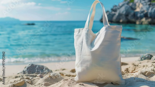 Eco-Friendly Cotton Tote Bag Mockup Against a Beach Background for Summer Vacation. Concept Eco-Friendly, Tote Bag, Mockup, Beach Background, Summer Vacation