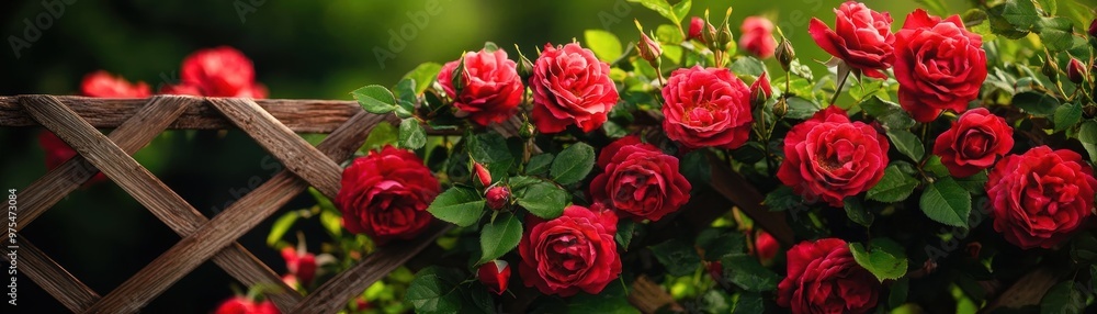 Vibrant red roses cascading over a wooden trellis, creating a stunning outdoor display of natural beauty. Vibrant red roses cascading over a wooden trellis, creating a stunning outdoor display of natural beauty.