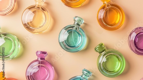 Elegant flat lay featuring colorful glass perfume bottles on beige background. Concept Flat Lay Photography, Colorful Glass Bottles, Perfume Collection, Beige Background, Elegant Stylin photo