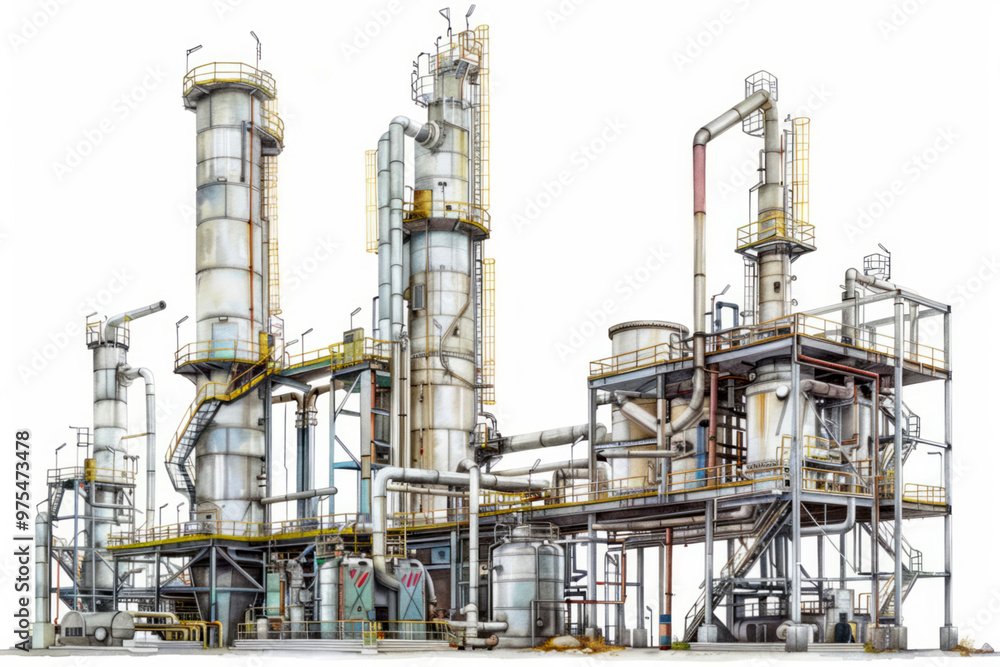 Watercolor oil industrial plant with equipment on a white background. Watercolor oil industrial plant with equipment on a white background.