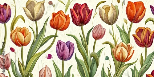 A vibrant array of tulips in various colors creates a beautiful floral display. This illustration captures the essence of spring. Perfect for backgrounds or nature-themed designs. AI photo