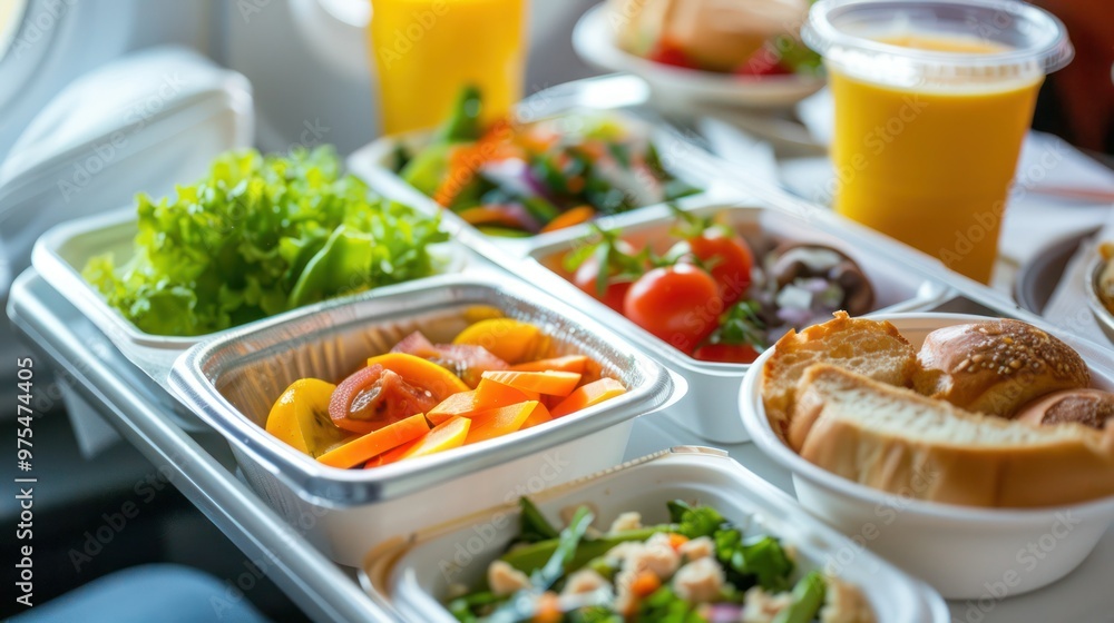 Healthy airplane meal with fresh ingredients served on a tray table, emphasizing nutritious in-flight dining options. Healthy airplane meal with fresh ingredients served on a tray table, emphasizing nutritious in-flight dining options.