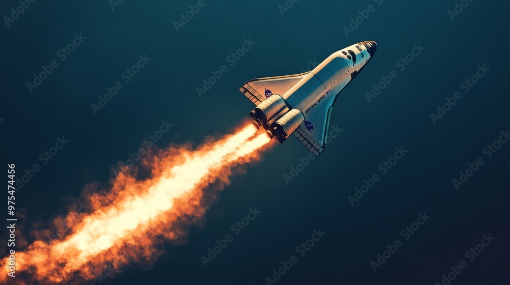 A space shuttle is flying through the sky, leaving a trail of fire behind it. Concept of adventure and exploration, as well as the excitement of space travel. with copy space A space shuttle is flying through the sky, leaving a trail of fire behind it. Concept of adventure and exploration, as well as the excitement of space travel. with copy space