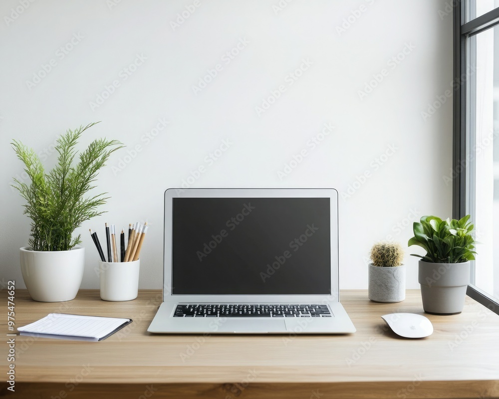 Modern workspace featuring a laptop, plants, and stationery on a clean wooden desk near a large window. Modern workspace featuring a laptop, plants, and stationery on a clean wooden desk near a large window.