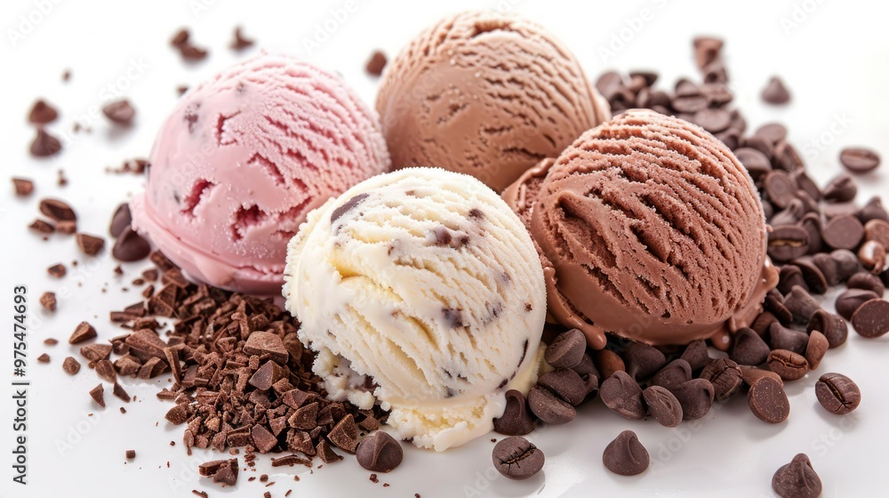 Ice cream scoops ball chocolate vanilla chocolate chip coffee milk based dessert isolated background Ice cream scoops ball chocolate vanilla chocolate chip coffee milk based dessert isolated background