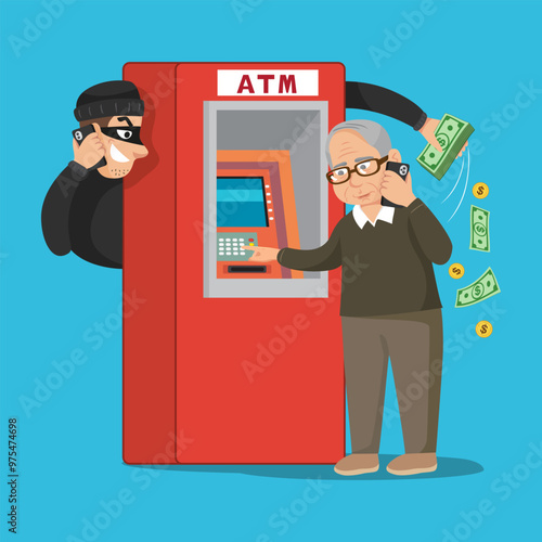 Scammer phone frauding stealing money old man. Hacker cyber smartphone scam, data crime internet technology. Flat, Vector, Illustration, Cartoon, EPS10.   