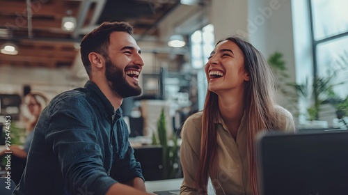 Wallpaper Mural Two colleagues laughing in an office setting Torontodigital.ca