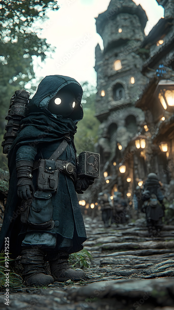 A mysterious cloaked figure stands on a cobblestone street near an enchanting medieval village at twilight A mysterious cloaked figure stands on a cobblestone street near an enchanting medieval village at twilight