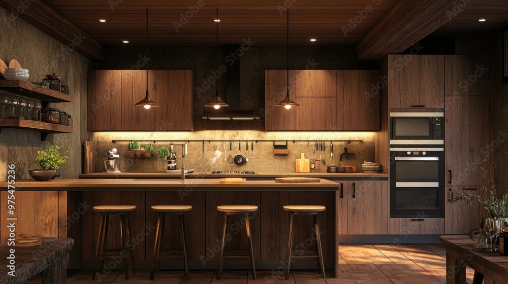 Rustic brown kitchen with wood-tone cabinetry, warm brown lighting, and earthy decor. Rustic brown kitchen with wood-tone cabinetry, warm brown lighting, and earthy decor.