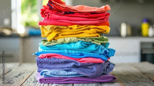 Laundry stack sorted by color for washing. Concept Sorting laundry by color, Laundry organization, Washing colorful clothes, Laundry care, Sorting clothes for washing