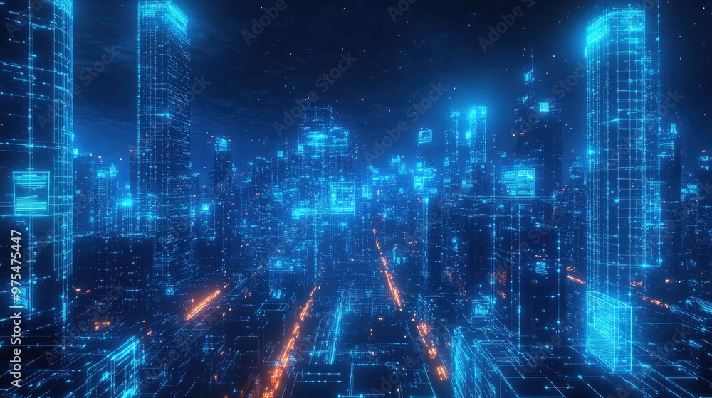 Futuristic digital city with glowing skyscrapers and neon streets. Futuristic digital city with glowing skyscrapers and neon streets.