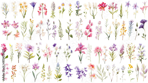 Set of watercolor wildflowers painting isolated on clear png background and transparent background. Fresh and nature concept for nature decorative and flower element, AI generative.	