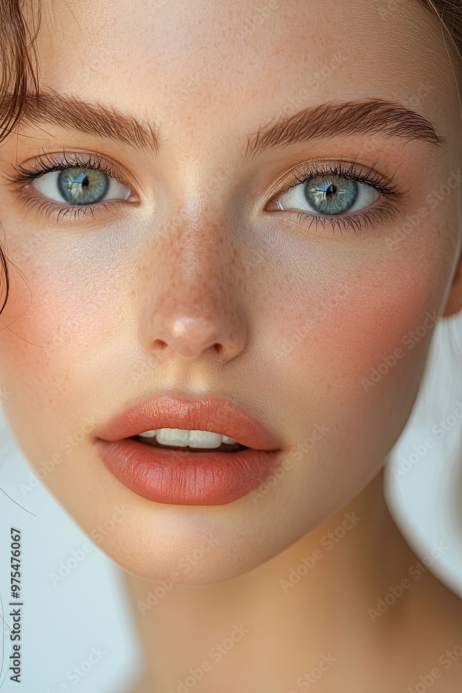 Close-up portrait of model with natural freckles and soft makeup Close-up portrait of model with natural freckles and soft makeup