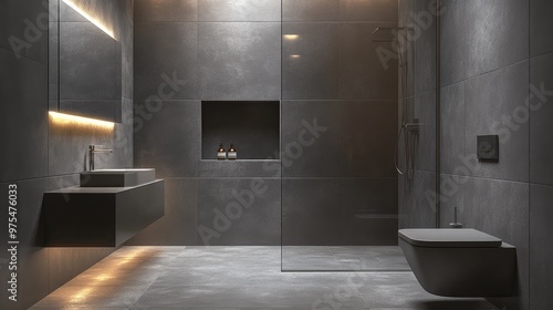 Sleek grey bathroom with grey tiles, a grey sink, and soft lighting for a modern feel.