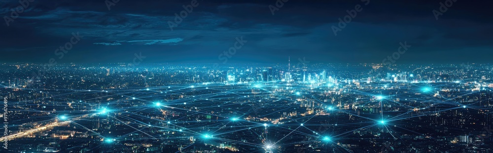 custom made wallpaper toronto digitalCityscape at night with glowing lines connecting buildings.