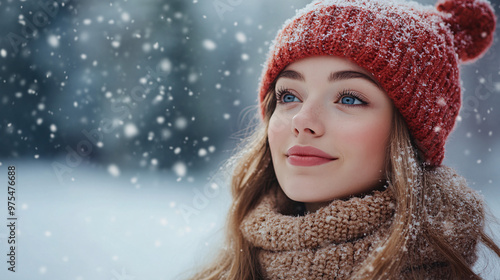 Blissful Winter Wonderland: Young Woman Enjoying Snow in Serene Landscape with Copy Space Above