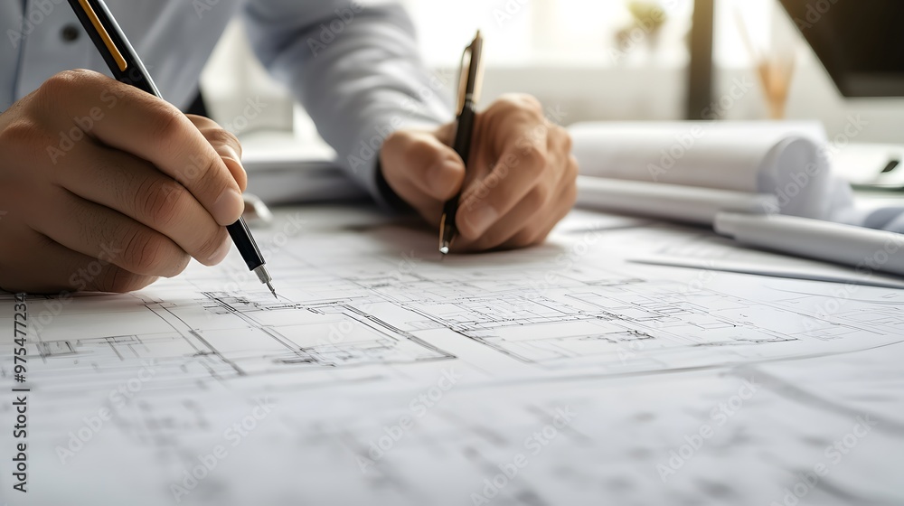 Close-up of Architect's Hand Drawing on Blueprint Close-up of Architect's Hand Drawing on Blueprint