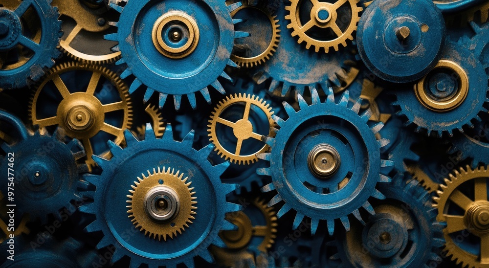 A close-up of a variety of blue and gold cogs and gears interlocking. A close-up of a variety of blue and gold cogs and gears interlocking.