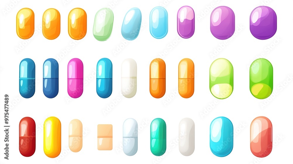 Set of Colorful Medical Pills and Capsules of Various Types Isolated on a White Background. This image features a diverse assortment of vividly colored pills and capsules, showcasing different shapes Set of Colorful Medical Pills and Capsules of Various Types Isolated on a White Background. This image features a diverse assortment of vividly colored pills and capsules, showcasing different shapes