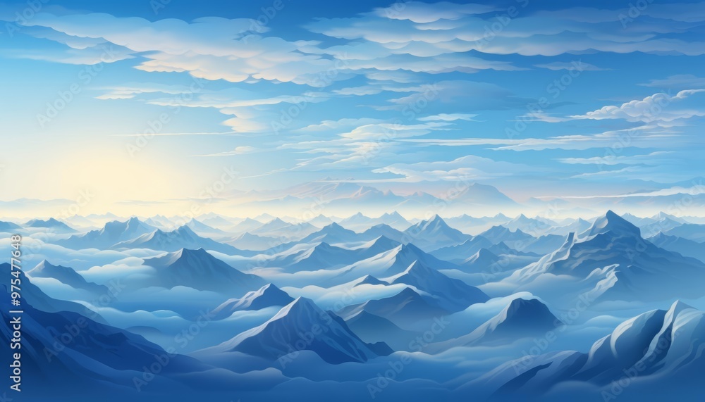 A mountain range at dawn, peaks glowing with the first light of sunrise in this majestic background illustration A mountain range at dawn, peaks glowing with the first light of sunrise in this majestic background illustration