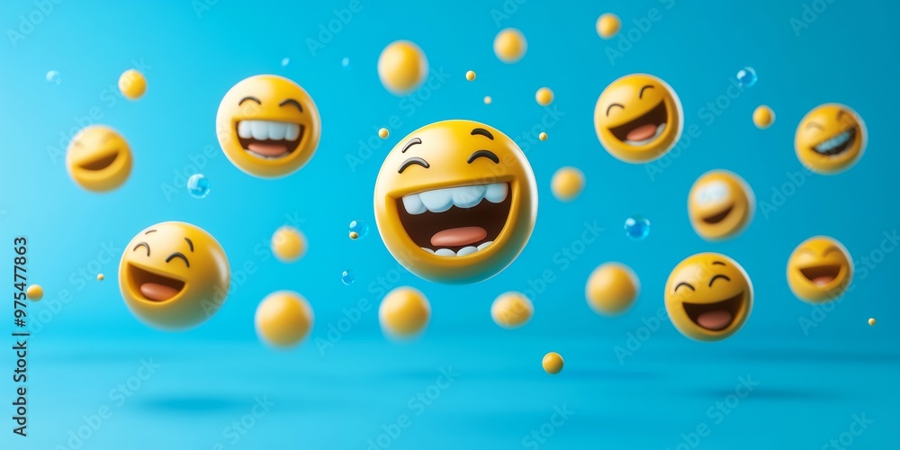 A playful 3D image of floating yellow emoji faces with sunglasses, expressing happiness and joy, on a serene blue background A playful 3D image of floating yellow emoji faces with sunglasses, expressing happiness and joy, on a serene blue background